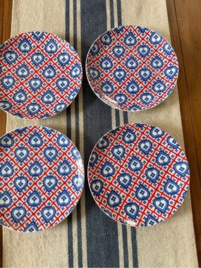 4 Taste Setter Collection Blue Hearts Red White Stripe Side Salad Plates 7 5/8”